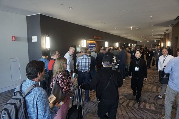 Crowds gathered early for the opening of AXPONA exhibits. Many of the rooms were standing room only. 